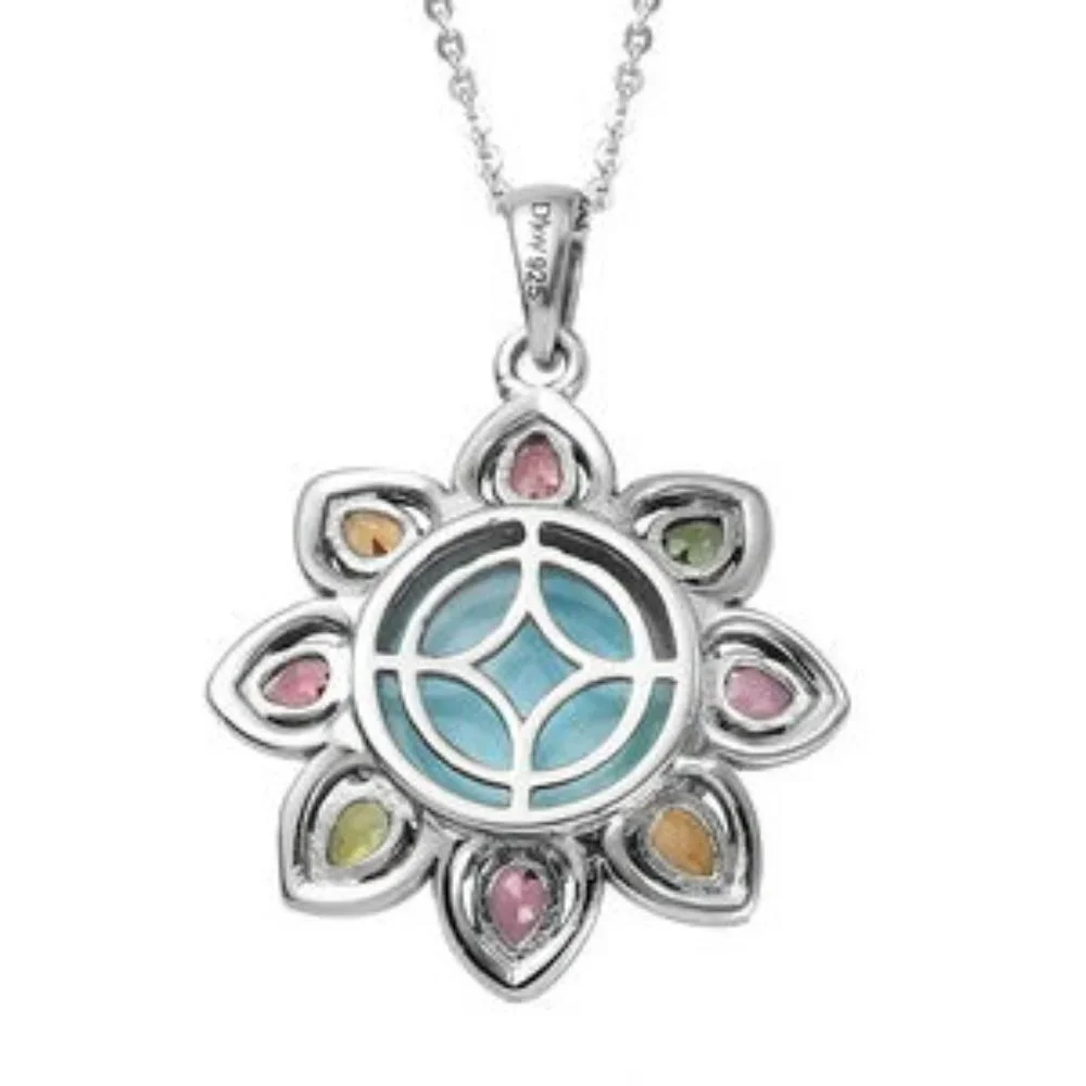 Larimar & Multi-Tourmaline Floral Pendant Necklace 20" Chain Flower - Picture 3 of 6